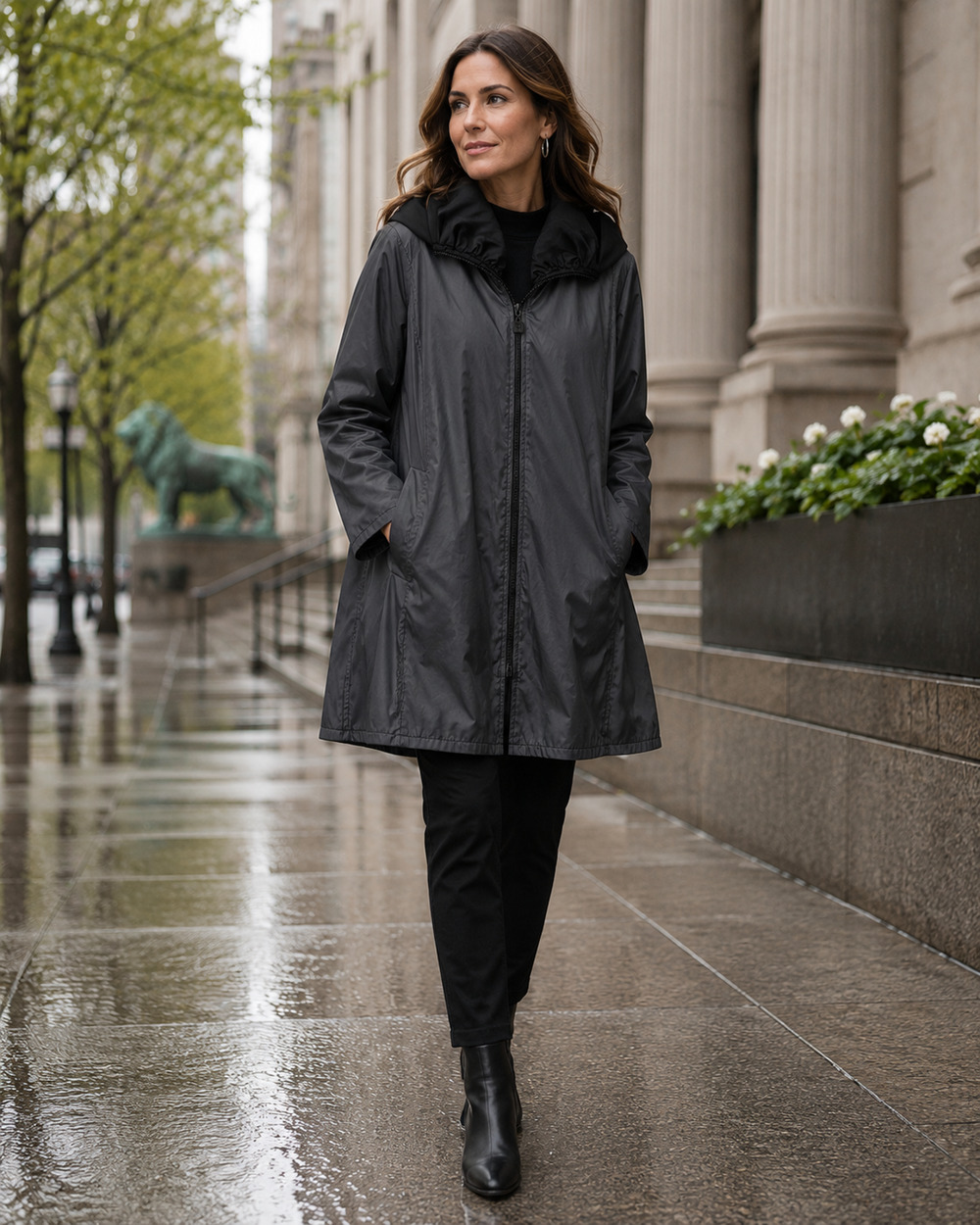 Mycra Pac M/L Reversible Packable Raincoat Gray Black Long Jacket w Bag USA